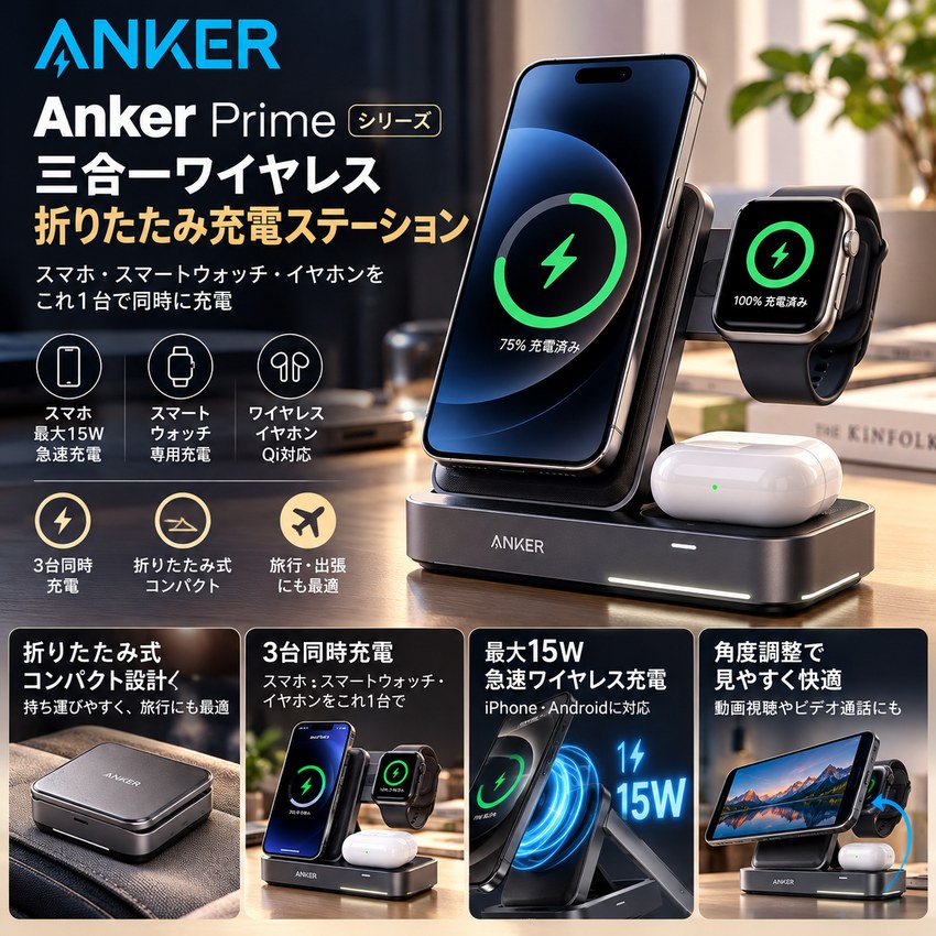 Anker Prime 3-in-1 折りたたみ式ワイヤレス充電ステーション